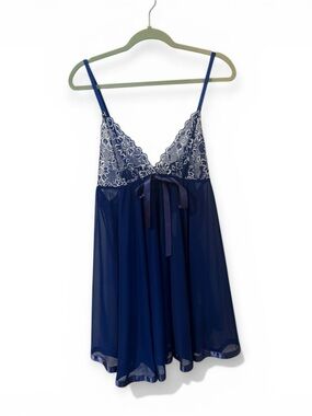 Navy Lace-Trim Babydoll Chemise with Satin Tie - Women Intimates
